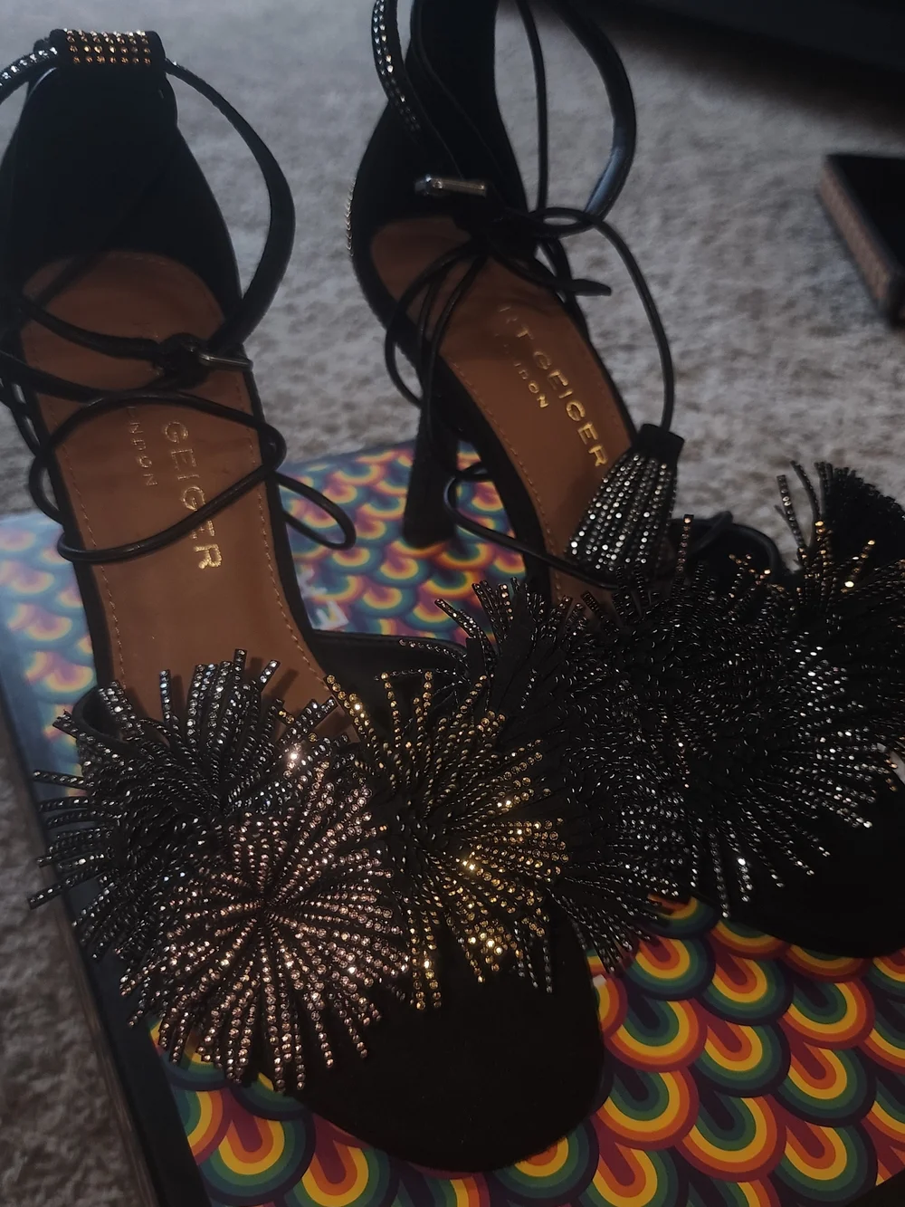 Kurt Geiger Black Pom-Pom Embellished Lace-Up Heels - Picture 2 of 11